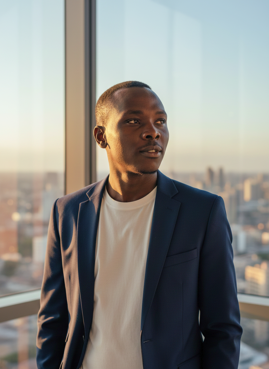 Victor Marangu, 25-year-old CEO and founder of Brandscape Studio, in a tailored charcoal suit against Nairobi skyline at dusk