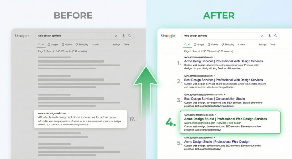 Before and after comparison of website rankings showing improvement from page 3 to page 1