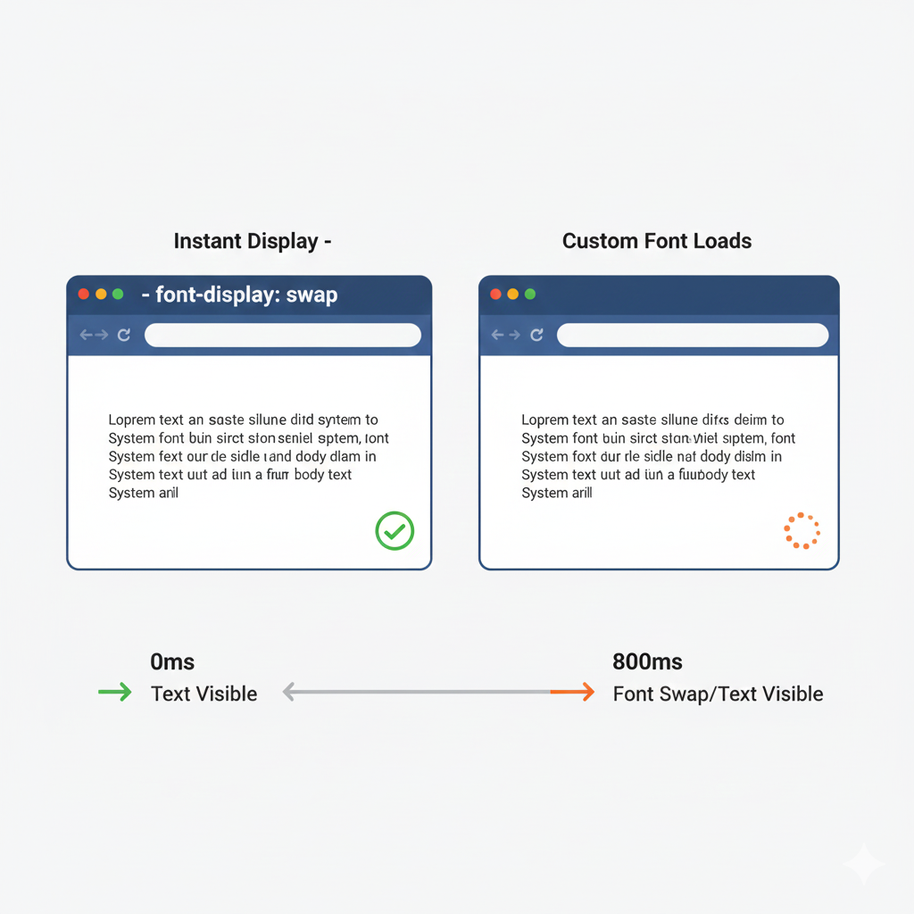 Font-display swap demonstration showing system font transitioning to custom font
