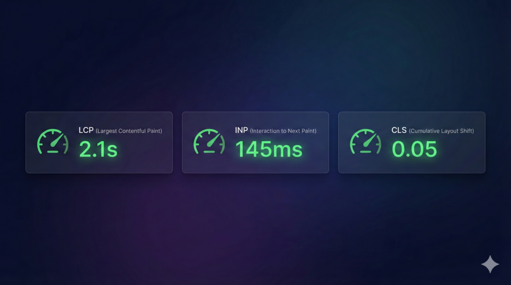Core Web Vitals dashboard showing LCP, INP, and CLS metrics with green passing scores