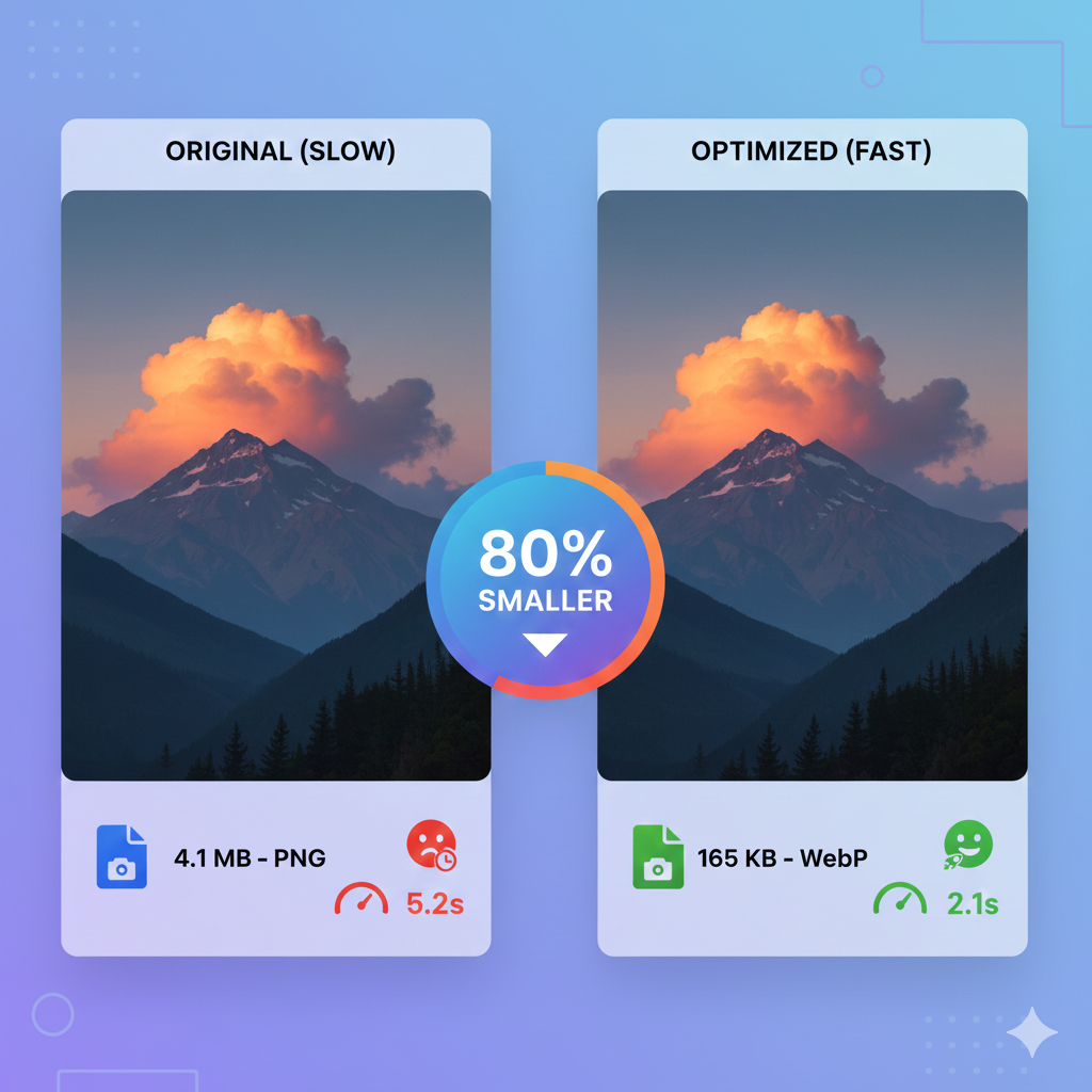 WebP vs PNG file size comparison showing 80% reduction in image weight