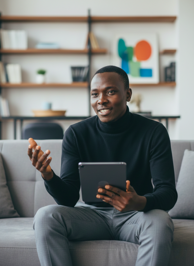 Victor Marangu teaching digital marketing and AI strategy at his desk with revenue graphs in the background