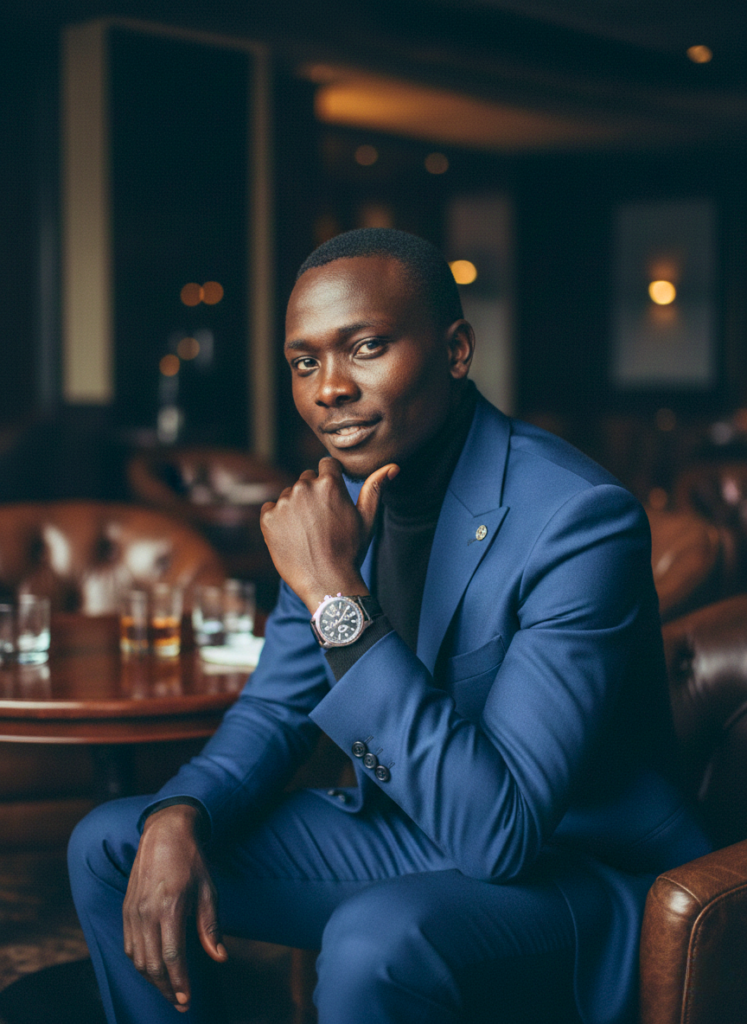 Victor Marangu in a private Westlands members-only lounge, wearing bespoke midnight-blue suit, high-ticket strategy consultant vibe