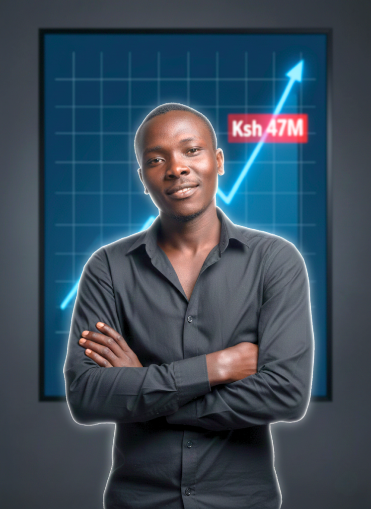 Victor Marangu standing in front of a digital screen showing KSh 47M+ revenue generated for clients